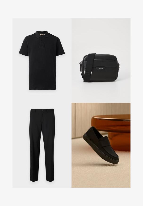 Sort polo shirt lavet af tekstureret bomuld. Har en to-knaps placket, korte ærmer og et diskret broderet logo på brystet.; Sorte skræddersyede bukser med flad front, standard talje og lige ben. Lavet af glat stof, med en enkelt knaplukning.; Sort slip-on loafer-sko flydende over beige tæppe med blank brun rundet møbel i baggrunden.; Sort messenger taske lavet af struktureret syntetisk materiale, med sølvhardware, justerbar rem og med et frontlogo-plakette samt lynlås lukning.