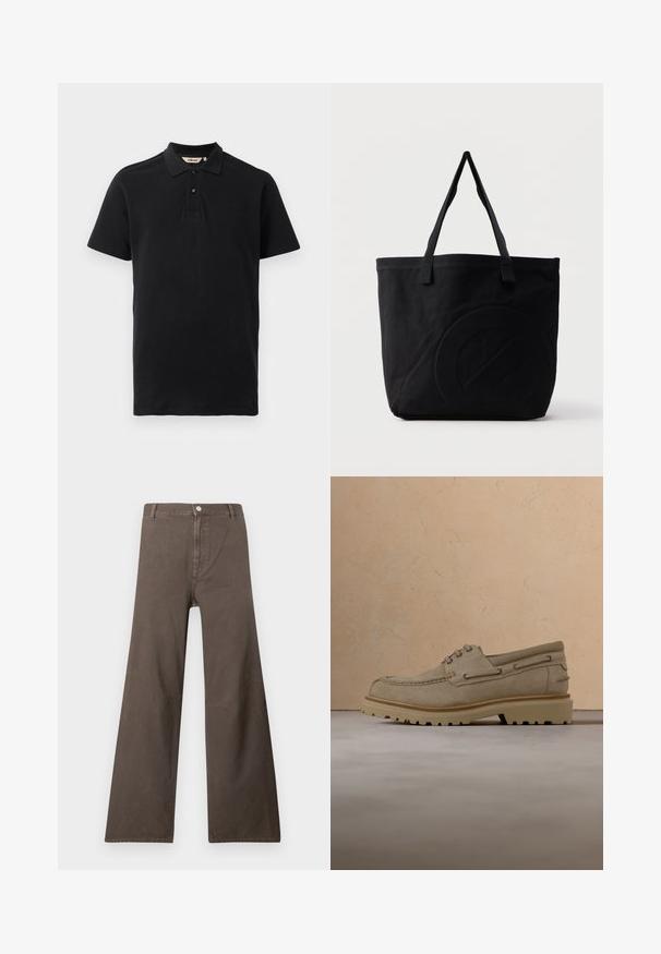 Sort polo shirt lavet af tekstureret bomuld. Har en to-knaps placket, korte ærmer og et diskret broderet logo på brystet.; Brune brede bukser med høj talje, knaplukning, bælteslyngninger og synlige sømdetaljer på benene.; Beige ruskind casual snørestøvle med tyk, rillet sål, vist i luften over matchende beige struktureret overflade og baggrund.; Sort canvas-tote-taske med to skulderstropper og et diskret præget cirkeldesign på fronten.
