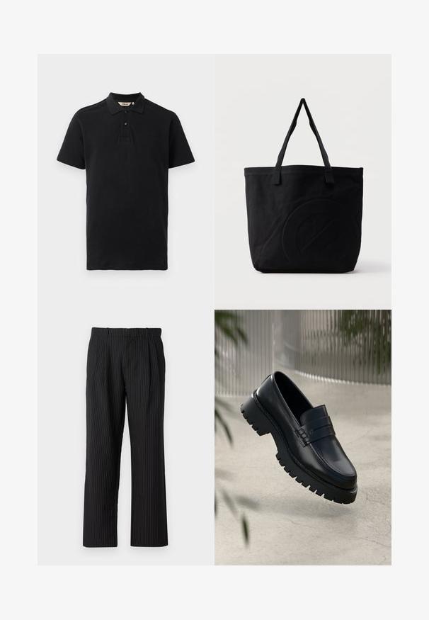Čierna polokošeľa vyrobená z textúrovaného bavlneného materiálu. Má dvojtlačidlovú légu, krátke rukávy a nenápadne vyšívané logo na hrudi.; Jack & Jones Classic Wide Leg Fit - Nohavice - black; Čierne kožené loafery s robustnou podrážkou, s dekoratívnym pásikom a prešívaním. Hladký povrch s lesklým finišom.; Čierna plátená taška s dvoma ramennými popruhmi a jemným vtlačeným kruhovým vzorom na prednej strane.