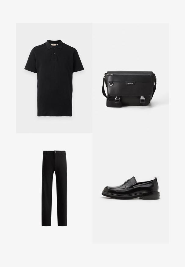 Polo negro hecho de algodón texturizado. Presenta un cierre con dos botones, mangas cortas y un sutil logo bordado en el pecho.; Pantalones negros a medida con un diseño frontal plano, piernas rectas, cierre de botón único y presillas para cinturón, confeccionados en una tela suave sin patrones visibles.; Calvin Klein MOCCASIN - Mocasines elegantes - black; Bolso mensajero Lacoste negro texturizado con correa ajustable, tapa frontal, bolsillo con cremallera y cierres de hebilla metálica.