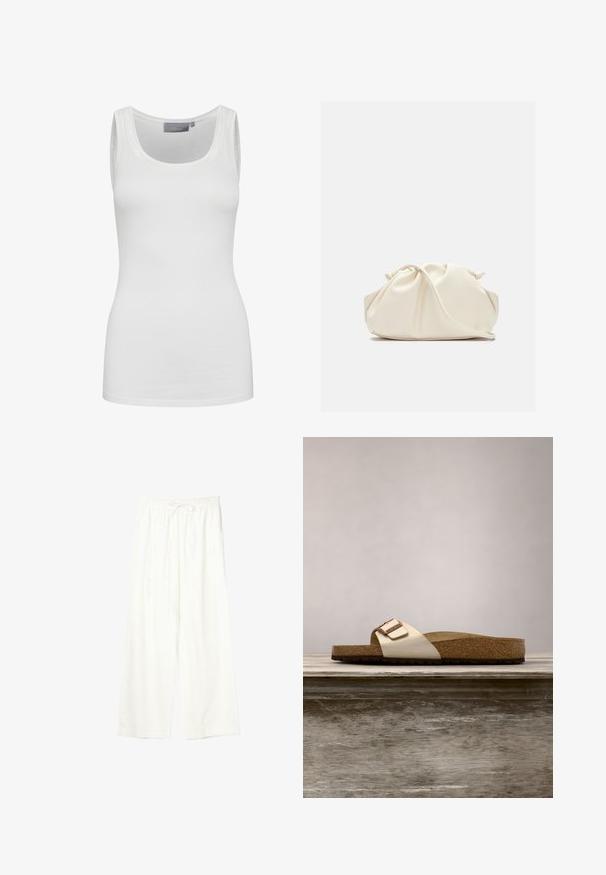 Débardeur blanc en tissu doux et extensible avec un col rond et des bretelles étroites. Caractéristiques d'une texture lisse et d'une coupe ajustée.; Pantalon blanc à jambes larges avec taille élastique et cordon de serrage, en tissu léger.; Sandale à enfiler avec un dessus métallique léger, une semelle en liège et une semelle en caoutchouc brun texturé. Détail de boucle avec accent logo.; Pochette en cuir souple couleur crème avec un design froncé et une fine bandoulière reposant à l’avant sur un fond uni.