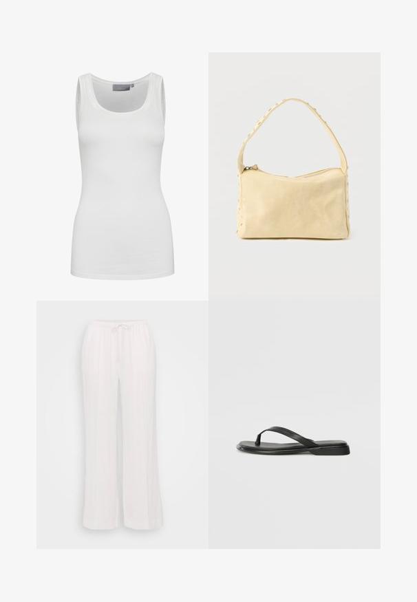 Débardeur blanc en tissu doux et extensible avec un col rond et des bretelles étroites. Caractéristiques d'une texture lisse et d'une coupe ajustée.; Pantalons blancs à jambes larges en tissu léger, dotés d'une taille élastique avec un cordon de serrage et de coutures verticales pour une texture.; Tongs noires en cuir lisse, avec un design de sangle fine et une semelle plate à profil minimal. Aucun motif ou accent notables.; Petit sac à main en cuir beige avec une seule bandoulière et des clous argentés le long des bords et de la bandoulière, posé sur un fond uni.