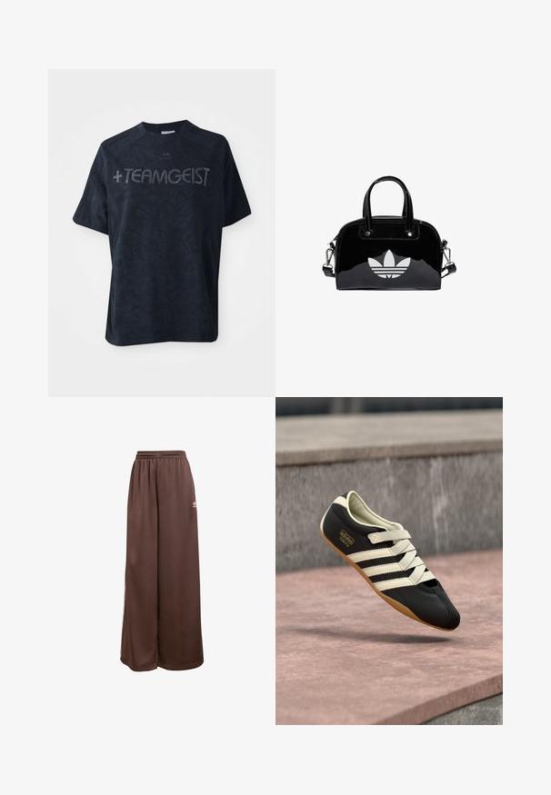 Zwarte korte mouwen t-shirt gemaakt van zachte stof, met een gestructureerd patroon en versierd met rhinestones die " +TEAMGEIST " spellen.; adidas Originals Trainingsbroek - auburn cream white; Zwart sportschoen met crèmekleurige strepen en veters, met een laag profiel, gladde textuur en een rubberen zool voor grip. Merkenlabel zichtbaar.; Zwarte gepatenteerde leren handtas met een afgeronde vorm, dubbele handvaten bovenaan, zilveren accenten en een opvallend wit logo aan de voorkant.