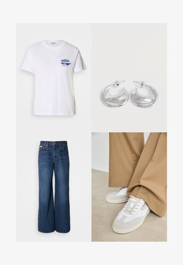 T-shirt en coton blanc avec un design graphique bleu d'une chaise de plage et d'un parasol sur la partie gauche de la poitrine, col rond, manches courtes.; Jean large en denim bleu foncé. Les caractéristiques incluent une taille haute, cinq poches et des coutures contrastantes orange le long des coutures.; Baskets blanches avec des accents en daim, des lacets texturés et une semelle en caoutchouc. Associées à un pantalon beige ample. Logo affiché sur le côté.; Une paire de boucles d'oreilles en croissant argenté poli avec des supports en plastique transparent sur une surface blanche.