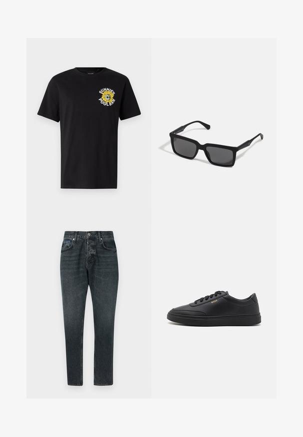 Sort bomuld t-shirt med korte ærmer, der har et gult solsikke grafisk design og teksten "SUNNIES POOL BAR" på venstre brystområde.; Mørkegrå denim jeans med lige ben design, fem lommer, knaplukning og diskret falming. Lavet af bomuld med en glat tekstur.; Sorte lædersneakers med en glat overflade, rund tå, flad gummisål og tonede snørebånd. Udstyret med guld "BOSS" branding på siden.; Sorte solbriller med rektangulære linser, mat finish, tykke stel og slanke arme med en subtil brandingdetalje.