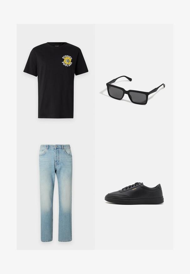 Camiseta de algodón negra con mangas cortas, que presenta un gráfico de girasol amarillo y el texto "SUNNIES POOL BAR" en el área del pecho izquierdo.; Jeans de color azul claro hechos de denim, con un diseño de pierna recta, estructura de cinco bolsillos y efecto de lavado desgastado en los muslos.; Zapatillas de cuero negro con una textura suave, punta redondeada, suela plana de goma y cordones a tono. Presentan el logotipo dorado "BOSS" en el lateral.; Gafas de sol negras con lentes rectangulares, acabado mate, montura gruesa y brazos delgados con un discreto detalle de marca.