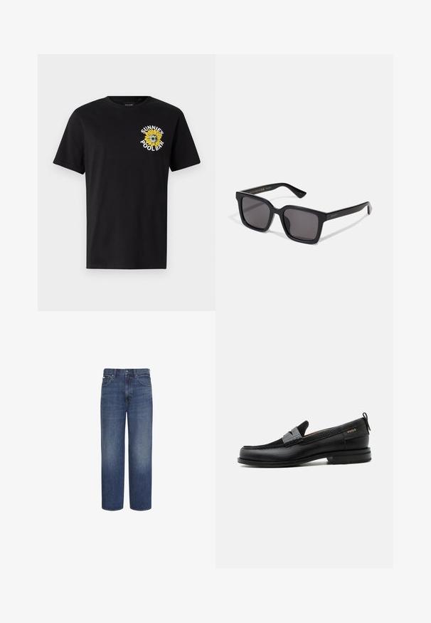 Camiseta de algodón negra con mangas cortas, que presenta un gráfico de girasol amarillo y el texto "SUNNIES POOL BAR" en el área del pecho izquierdo.; Vaqueros azules de talle alto y pierna recta, con botón y cremallera delanteros, trabillas para cinturón y bolsillos delanteros y traseros.; Mocasín de cuero negro con detalle de tira gris, tacón bajo y suela texturizada, con la marca "HUGO" en oro en el lateral.; Gafas de sol negras con lentes oscuros. La montura presenta un acabado mate con la marca "GUCCI" en dorado en la varilla. Diseño robusto con bordes angulares.