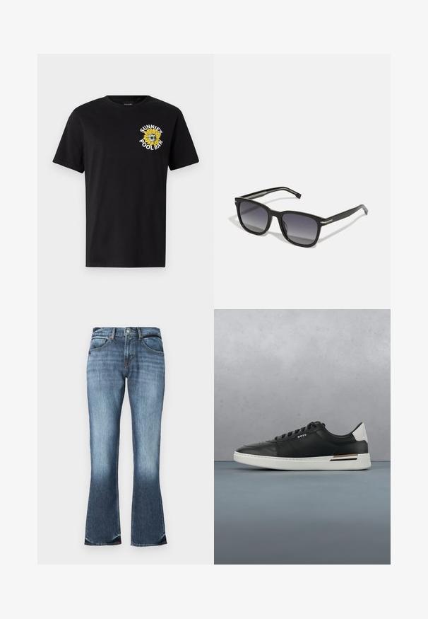 Sort bomuld t-shirt med korte ærmer, der har et gult solsikke grafisk design og teksten "SUNNIES POOL BAR" på venstre brystområde.; Blå denim flared jeans med en mellemhøj talje, fem-lommers design og subtilt slid for et distressed udseende. Glat tekstur hele vejen igennem.; Sort lædersneaker med hvid sål, har perforeringer, snørebåndsdesign, logo på siden og kontrasterende hældetalje i hvid og brun.; BOSS Solbriller - black