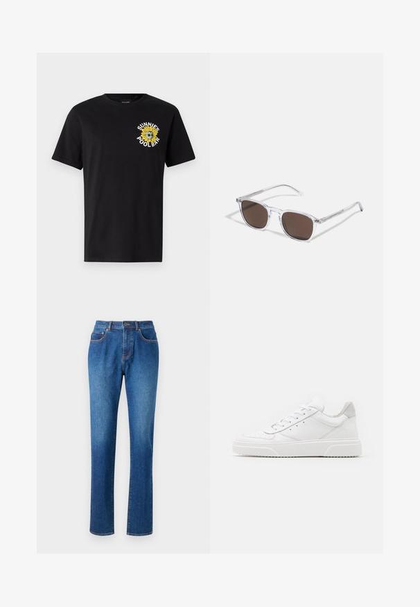 Camiseta de algodón negra con mangas cortas, que presenta un gráfico de girasol amarillo y el texto "SUNNIES POOL BAR" en el área del pecho izquierdo.; Jeans de mezclilla azul con corte recto, cinco bolsillos, cinturilla con pasadores para cinturón y costuras contrastantes a lo largo de las costuras.; Zapatillas de cuero blanca con un acabado suave, punta redondeada, cordones planos y una suela texturada. Acento de ante gris en el talón.; Gafas de sol de plástico transparente con lentes marrones rectangulares, que cuentan con finas varillas transparentes y acentos metálicos en las patillas.