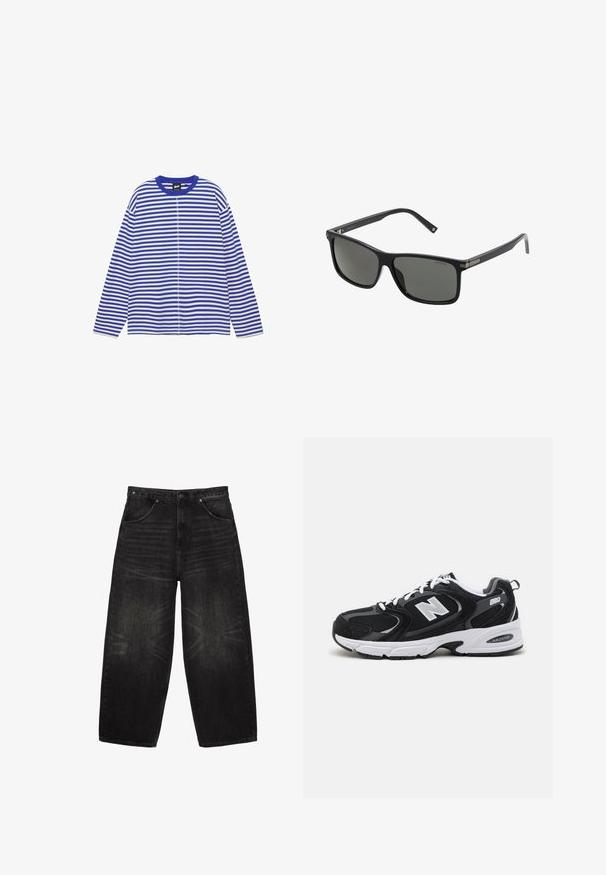 Chemise à manches longues rayée bleu et blanc horizontalement, avec un col rond et une couture centrale visible sur le devant.; Jean en denim noir à jambes larges avec poches avant, passants de ceinture et détails subtils délavés sur les cuisses et les genoux.; Baskets de sport noires et grises avec un tige en mesh et en suède, présentant une semelle intermédiaire blanche, des lacets et un logo "N" audacieux sur le côté.; Lunettes de soleil en plastique noir avec des verres rectangulaires, des verres polarisés et des accents métalliques sur la monture pour une durabilité accrue.