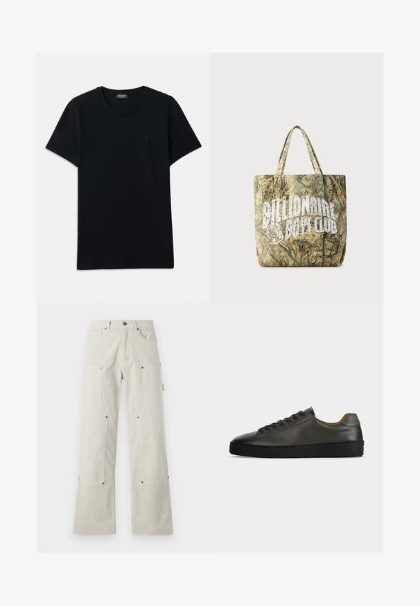 Dondup SLIM FIT - T-shirts basic - black; Bredde ben, lyse beige bukser lavet af bomuld med en glat tekstur, der har påsyede lommer og metalhardware detaljer.; Lavtskåret mørkegrå læder sneaker med sorte snørebånd og sål, minimalistisk design, sideprofil på en ensfarvet lys baggrund.; Camouflage-mønstret mulepose lavet af tekstureret stof med to håndtag. Fremviser en fremtrædende hvid logo på den ene side.