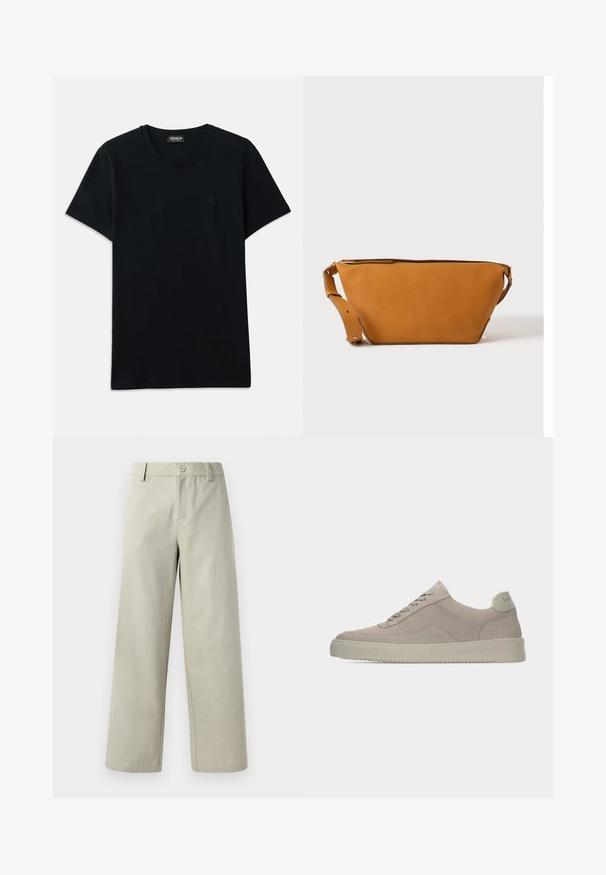 Dondup SLIM FIT - T-shirt basic - black; Han Kjøbenhavn WIDE LEG - Broek - light grey; Beige suède sneakers met een gestructureerde afwerking, ronde neus en tonale veters. Voorzien van een dikke rubberen zool en subtiele branding op de hiel.; Lichtbruine leren crossbodytas met verstelbare band en ritssluiting, getoond tegen een effen lichte achtergrond.