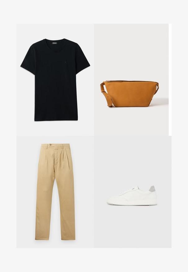Dondup SLIM FIT - T-shirts basic - black; CLOSED BERGEN TAPERED - Chino - beige; Hvid lavtop-sneaker med gråt hælflig, hvide snørebånd og tekstureret sål, vist på en ensfarvet lys baggrund.; Lys brun læder crossbody taske med justerbar rem og lynlås, vist mod en ensartet lys baggrund.