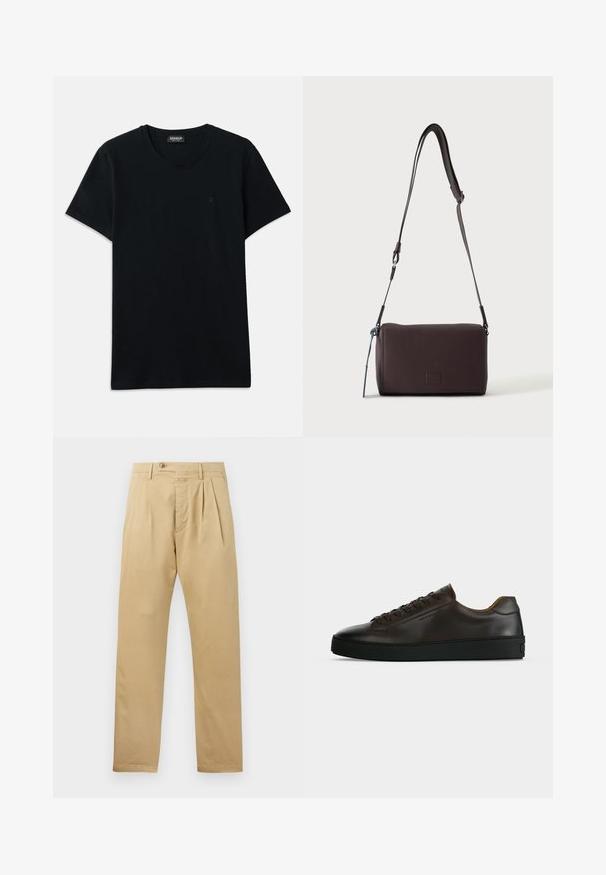 Dondup SLIM FIT - T-Shirt basic - black; CLOSED BERGEN TAPERED - Chino - beige; Flach geschnittener dunkelbrauner Ledersneaker mit schwarzer Gummisohle, Schnürung vorne und schlicht-minimalistischem Design auf hellem Hintergrund.; Dunkelbraune, strukturierte Leder-Crossbody-Tasche mit verstellbarem Riemen und kleinem dekorativen blauen Akzent an der Seite.