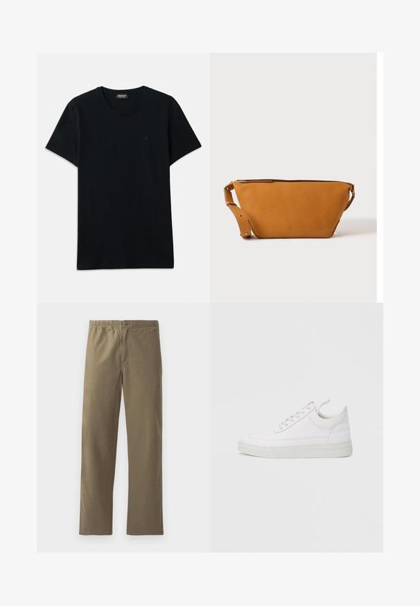 Dondup SLIM FIT - T-shirt basic - black; Khaki broek gemaakt van lichtgewicht stof. Heeft een elastische tailleband, een knoopsluiting, rechte pijpen en een soepele textuur.; Witte leren sneaker met een afgeronde neus, platte zool en veters aan de voorkant. Voorzien van stikseldetails en een gevoerde kraag voor comfort.; Lichtbruine leren crossbodytas met verstelbare band en ritssluiting, getoond tegen een effen lichte achtergrond.
