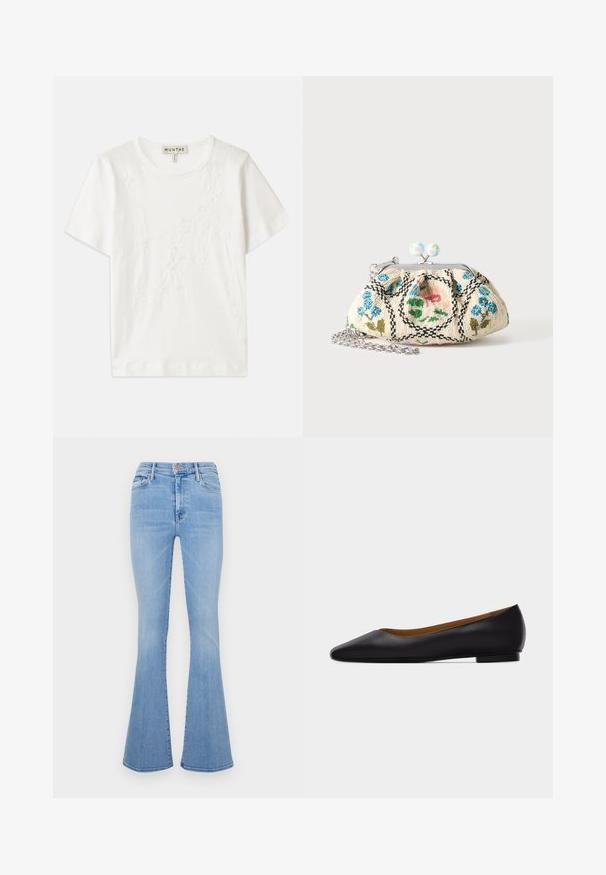 Witte katoenen t-shirt met korte mouwen, voorzien van een geborduurd bloemenontwerp aan de voorkant en een ronde halslijn.; Lichtblauwe flare jeans met een hoge taille, gemaakt van denimstof, met voorzakken en een subtiele vervaagde textuur.; Zwarte leren puntschoen met lage hak en gladde afwerking, zijaanzicht op een lichtgrijze achtergrond.; Kleine stoffen beugeltas met bloemenkraalborduursel, metalen frame en zilveren kettingband op een effen lichte achtergrond.