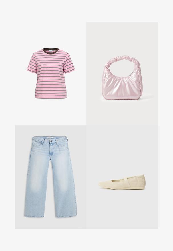 T-shirt rose à manches courtes avec fines rayures horizontales noires et blanches et un col rond marron foncé.; Jean large bleu clair en denim. Présente une coupe droite, un design à cinq poches et une fermeture par bouton à la taille.; Ballerines beiges avec une exterior en cuir lisse, un bout en forme d'amande et une sangle élastique sur le coup de pied, avec des détails de couture subtils.; Sac à main rose rembourré avec un design arrondi, fabriqué à partir d'un matériau brillant. Dispose d'une poignée froncée et d'une fermeture éclair pour un accès sécurisé.