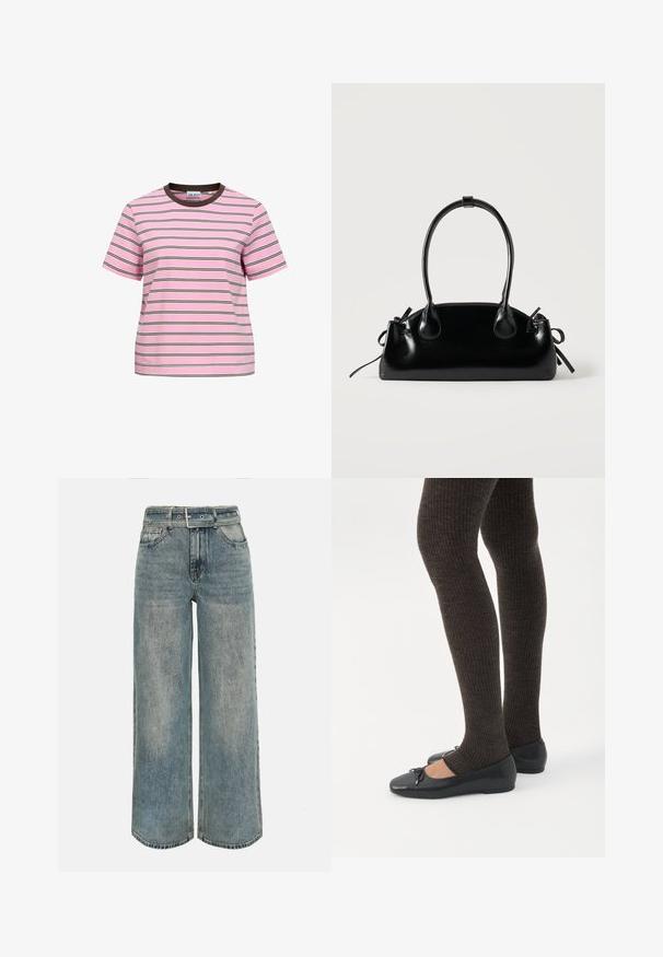 T-shirt rose à manches courtes avec fines rayures horizontales noires et blanches et un col rond marron foncé.; Jean taille haute à jambes larges en denim bleu délavé avec une ceinture en denim assortie et un design classique à cinq poches.; Jambes portant des leggings côtelés foncés associés à des ballerines noires avec de petits détails en nœud sur fond blanc.; Petit sac à main noir brillant avec deux longues anses et des détails à cordon sur les côtés sur un fond clair uni.
