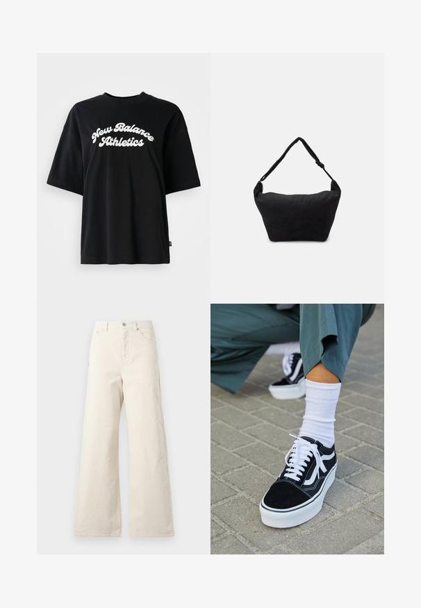 Zwarte katoenen T-shirt met korte mouwen en een ronde hals, met daarin witte tekst "New Balance Athletics" in een gebogen ontwerp.; Beige wijde broek van katoen, met een knoopsluiting aan de voorkant, zijzakken en een gladde textuur. Minimalistisch ontwerp zonder patronen.; Zwarte suède sneaker met witte accenten en veters, uitgerust met een dikke witte zool en contrasterende stiksels, gecombineerd met een witte sok.; Zwarte stoffen schoudertas met een zachte, gestructureerde oppervlakte, ronde vorm en een enkele strap. Minimalistisch ontwerp zonder zichtbare hardware of accenten.