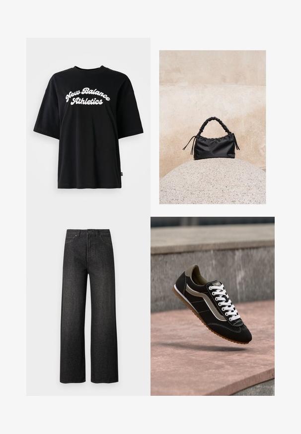 Zwarte katoenen T-shirt met korte mouwen en een ronde hals, met daarin witte tekst "New Balance Athletics" in een gebogen ontwerp.; Zwart wijde pijpen jeans met hoge taille, voorzakken, knoopsluiting en riemlussen, afgebeeld op een effen lichte achtergrond.; Zwart-beige sneaker met witte veters en gumzool, zwevend boven een stenen oppervlak met een grijze betonnen achtergrond.; Zwarte gerimpelde handtas met een samengevoegde handvat, rustend op een gestructureerde stenen bol tegen een beige betonnen muur.