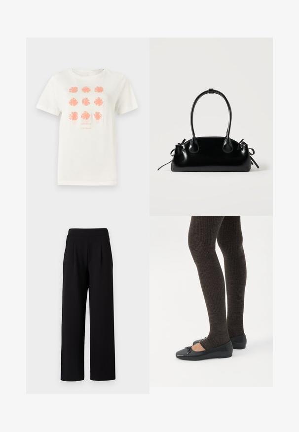 T-shirt en coton blanc arborant neuf motifs floraux en corail, avec "TOM TAILOR" imprimé en dessous dans une teinte assortie. Manches courtes, col rond.; TOM TAILOR DENIM PLEATED PANTS - Pantalon classique - deep black; Jambes portant des leggings côtelés foncés associés à des ballerines noires avec de petits détails en nœud sur fond blanc.; Petit sac à main noir brillant avec deux longues anses et des détails à cordon sur les côtés sur un fond clair uni.