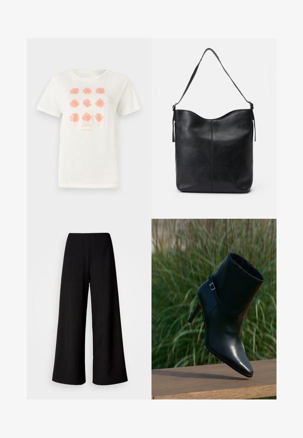 T-shirt en coton blanc arborant neuf motifs floraux en corail, avec "TOM TAILOR" imprimé en dessous dans une teinte assortie. Manches courtes, col rond.; Pantalons larges noirs avec une texture lisse, présentant deux poches arrière et une taille haute, offrant une silhouette décontractée.; Bottine en cuir noir avec pointe effilée, talon empilé, texture scintillante et une bride décorative avec une boucle argentée.; Sac à bandoulière en cuir noir avec une texture lisse, un dessus arrondi, une seule sangle et un design minimaliste sans matériel visible.