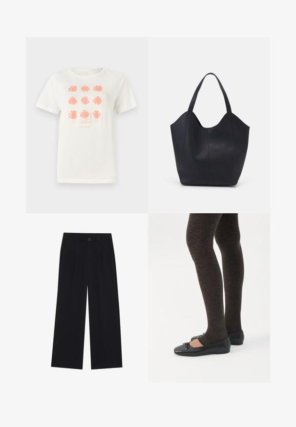 T-shirt en coton blanc arborant neuf motifs floraux en corail, avec "TOM TAILOR" imprimé en dessous dans une teinte assortie. Manches courtes, col rond.; Pantalons larges noirs en tissu lisse. Comprend des plis à l'avant, une fermeture à bouton et des poches latérales. Design simple sans motifs.; Jambes portant des leggings côtelés foncés associés à des ballerines noires avec de petits détails en nœud sur fond blanc.; Sac fourre-tout noir en cuir lisse, doté d'un haut ouvert et courbé avec deux brides d'épaule et un design minimaliste.