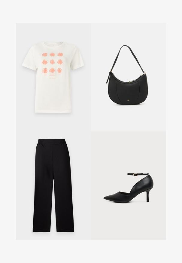T-shirt en coton blanc arborant neuf motifs floraux en corail, avec "TOM TAILOR" imprimé en dessous dans une teinte assortie. Manches courtes, col rond.; Pantalon large plissé noir avec une taille élastique. Le matériau a une finition texturée. Pas de quincaillerie visible ni de motifs.; Chaussure en cuir noir à bout pointu avec talon kitten, bride à la cheville et boucle dorée sur fond neutre.; Sac à main en cuir noir avec une forme courbée, surface texturée, coutures avant et un logo doré. Il est doté d'une seule sangle ajustable.