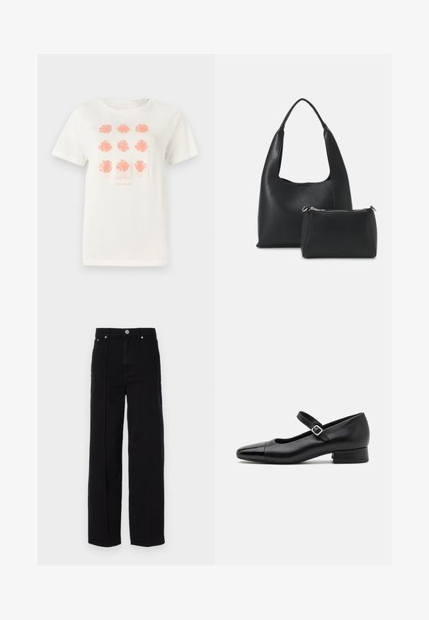T-shirt en coton blanc arborant neuf motifs floraux en corail, avec "TOM TAILOR" imprimé en dessous dans une teinte assortie. Manches courtes, col rond.; Pantalons larges en denim noir à taille haute, comportant cinq poches, une fermeture à bouton en métal et des coutures droites le long des côtés.; Chaussures Mary Jane en cuir noir avec un embout en vernis, une sangle cheville réglable et un petit talon carré. Texture lisse et design élégant.; Even&Odd by Zalando Sac à main - black