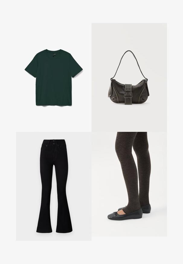 Tmavohnedé tričko s krátkym rukávom vyrobené z jemnej látky. Má okrúhly výstrih a jednoduchý, rovný strih. Bez vzorov alebo ozdôb.; Pepe Jeans FLARE CONTOUR - Zvonové džínsy - black denim; Nohy v tmavých pásikavých legínach v kombinácii s čiernymi balerínkami s malými mašličkami na bielom pozadí.; Čierna kožená kabelka cez rameno s detailom prackového popruhu, zaoblenými okrajmi a kontrastným bielym prešívaním na jednoduchom pozadí.
