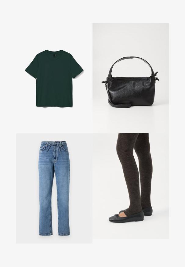 Mørkegrøn kortærmet t-shirt lavet af blødt stof. Har en rund halsudskæring og et enkelt, lige snit. Ingen mønstre eller udsmykning.; Lyseblå denimjeans med lige pasform, høj talje, der har en frontsløjfe og klassisk fem-lomme design. Struktureret overflade med subtile falmninger.; Ben iført mørke ribbede leggings kombineret med sorte balletsko med små sløjfedetaljer på hvid baggrund.; Sort læderhåndtaske med et struktureret design, rund tophåndtag og aftagelig skulderrem. Den har en glat tekstur og en subtil glans.