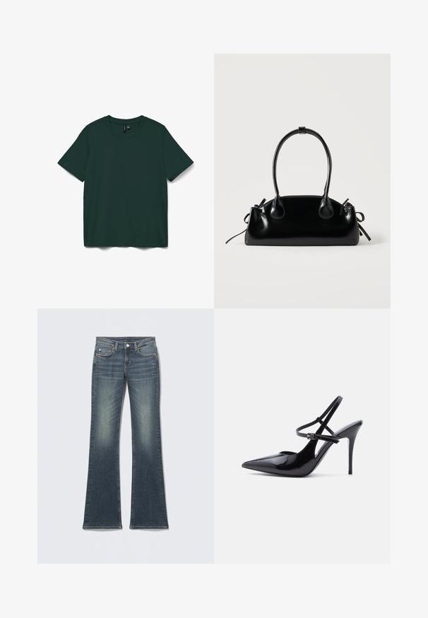 Camiseta de manga corta de color verde oscuro, hecha de tela suave. Presenta un cuello redondo y un diseño simple y recto. Sin patrones ni adornos.; Jeans de mezclilla azul acampanados con acabado desvanecido, cinco bolsillos, costuras contrastantes y cierre de botón en la cintura.; Zapato de tacón alto de charol negro con punta puntiaguda, con dos finas correas ajustables en el tobillo y tacón de aguja, mostrado de lado.; Pequeño bolso negro brillante con dos asas largas y detalles de cordón lateral sobre un fondo claro liso.