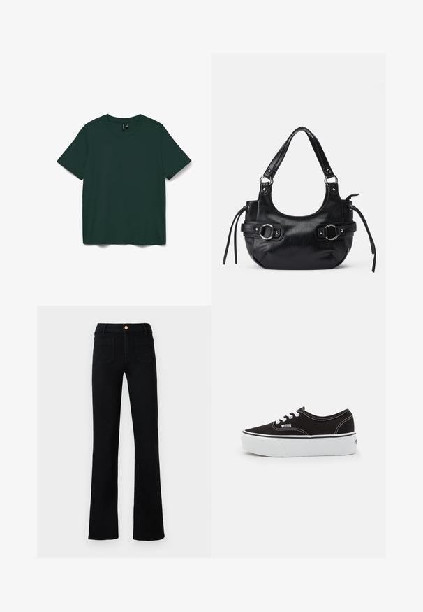 Dunkelgrünes T-Shirt mit kurzen Ärmeln aus weichem Stoff. Verfügt über einen runden Ausschnitt und ein einfaches, gerades Design. Keine Muster oder Verzierungen.; Schwarze hochtaillierte Jeans im Straight-Leg-Schnitt mit aufgesetzten Vordertaschen und einem kupferfarbenen Knopfverschluss auf neutralem Hintergrund.; Schwarze Leinensneaker mit einer weißen Gummiplattformsohle, weißen Schnürsenkeln und Nähten, ikonischer Markenaufdruck an der Seite, im Low-Top-Design.; Schwarze Lederhandtasche mit runder Form, ausgestattet mit zwei seitlichen Schnallen, glatter Textur und einem kurzen Schulterriemen. Akzente sind seitliche Quasten.