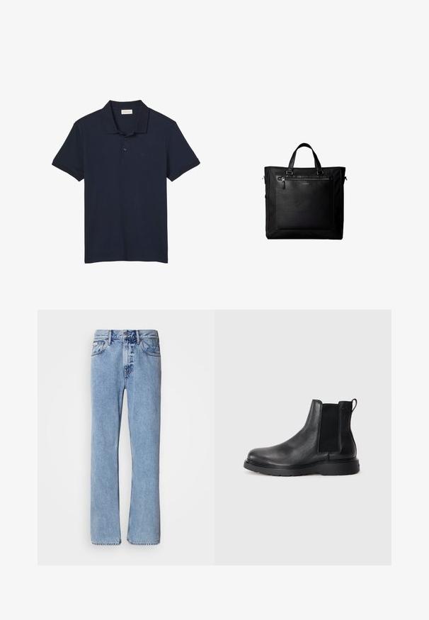 Polo bleu marine à manches courtes avec col et trois boutons, avec un logo discret "cK" sur le côté gauche de la poitrine.; Jean en denim bleu clair avec une coupe droite, cinq poches et une fermeture à bouton. Détails de couture près des poches et de la taille.; Bottes Chelsea en cuir noir avec une finition texturée, des panneaux latéraux élastiques et une semelle en caoutchouc robuste. Branding subtil sur le talon.; Sac cabas noir avec doubles poignées, grande poche avant en cuir avec fermeture éclair et logo discret Calvin Klein au centre de la poche.