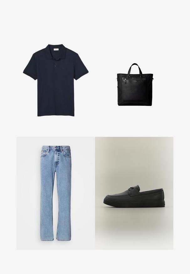 Polo bleu marine à manches courtes avec col et trois boutons, avec un logo discret "cK" sur le côté gauche de la poitrine.; Jean en denim bleu clair avec une coupe droite, cinq poches et une fermeture à bouton. Détails de couture près des poches et de la taille.; Mocassin décontracté en cuir noir avec des détails de laçage et une semelle en caoutchouc épaisse, présenté de profil sur un fond neutre.; Sac cabas noir avec doubles poignées, grande poche avant en cuir avec fermeture éclair et logo discret Calvin Klein au centre de la poche.