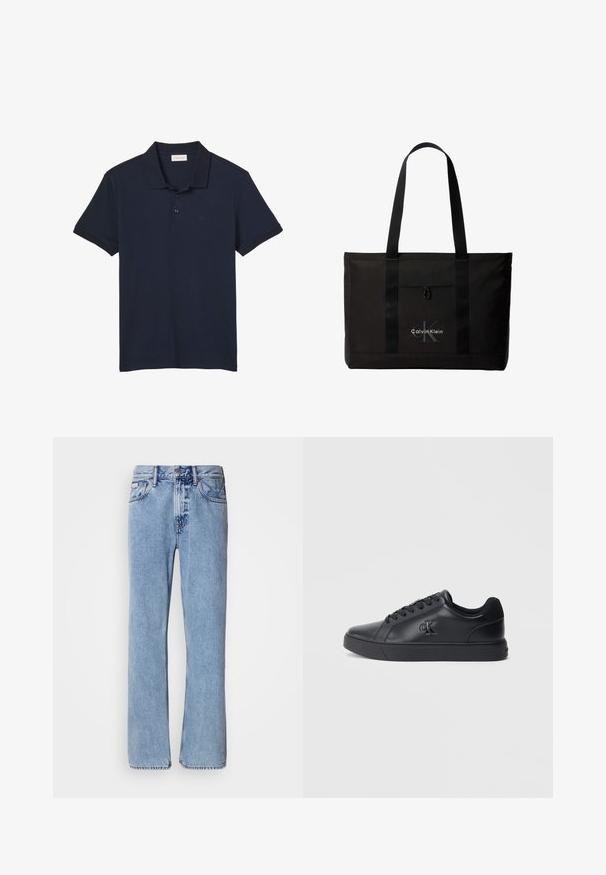 Marineblaues Poloshirt mit kurzen Ärmeln, Kragen und drei Knöpfen, mit dezentem "cK" Logo auf der linken Brust.; Hellblaue Jeans aus Denim mit geradem Bein, fünf Taschen und Knopfverschluss. Nähte in der Nähe der Taschen und des Bundes.; Schwarze Ledersneaker mit Schnürdesign, Gummisohle und geprägtem Logo an der Seite, mit einer glatten Textur und minimalistischem Stil.; Schwarze Calvin Klein Tote-Tasche mit zwei langen Griffen und Fronttasche, mit dem Markenlogo in Weiß und Grau.