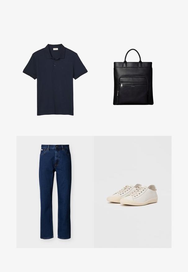 Polo bleu marine à manches courtes avec col et trois boutons, avec un logo discret "cK" sur le côté gauche de la poitrine.; Jean droit bleu foncé en denim, avec un design classique à cinq poches, des coutures discrètes et une fermeture avant à boutons.; Baskets blanches en cuir lisse avec des coutures ton sur ton, fermeture à lacets, bout arrondi et semelle en caoutchouc texturée.; Sac cabas en cuir noir avec anses supérieures et poche avant zippée portant un petit logo Calvin Klein sur la poche.