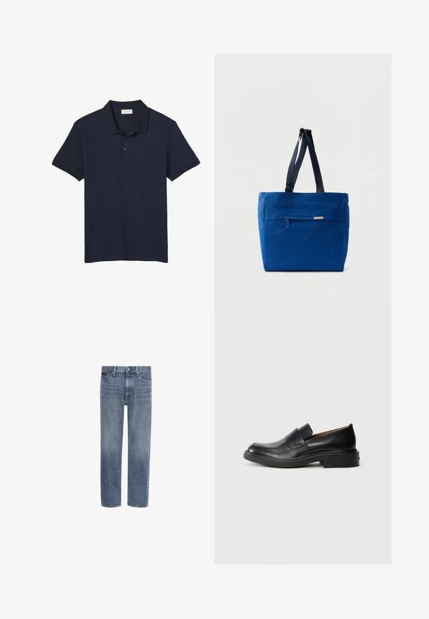 Polo bleu marine à manches courtes avec col et trois boutons, avec un logo discret "cK" sur le côté gauche de la poitrine.; Jean en denim bleu à jambes droites, avec poches avant, passants de ceinture et fermeture par bouton.; Chaussure habillée noire en cuir, à enfiler, avec un petit talon et un logo Calvin Klein discret sur le côté, présentée de profil sur un fond blanc.; Sac fourre-tout en toile bleue avec une poche zippée à l'avant, des doubles bretelles et une forme rectangulaire. Dispose d'une étiquette de marque discrète.
