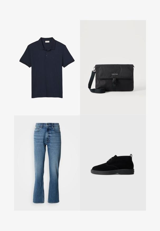 Polo bleu marine à manches courtes avec col et trois boutons, avec un logo discret "cK" sur le côté gauche de la poitrine.; Jeans en denim bleu clair avec une coupe droite et une légère évasée. Comprend cinq poches, une fermeture à bouton et des détails de décoloration subtils.; Bottines en suédine noire à bout rond, à lacets, avec une semelle en caoutchouc noire et une languette à l'arrière pour un enfilage facile.; Sac messager noir Calvin Klein avec bandoulière réglable et rabat avant sécurisé par une boucle, présenté sur un fond uni.