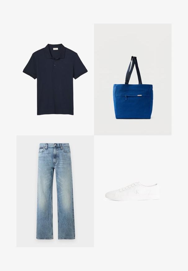 Marineblaues Poloshirt mit kurzen Ärmeln, Kragen und drei Knöpfen, mit dezentem "cK" Logo auf der linken Brust.; Hellblaue Jeans mit geradem Bein, hohem Bund, fünf Taschen, Knopfverschluss und dezentem Verblassen an Oberschenkeln und Knien.; Weißer Canvas-Sneaker mit niedrigem Schaft, weißen Schnürsenkeln und einem dezenten "cK"-Logo an der Seite, Gummisohle mit strukturiertem Zehenschutz.; Blaue Canvas-Einkaufstasche mit einer vorderen Reißverschlusstasche, doppelten Schulterriemen und rechteckiger Form. Verfügt über ein dezentes Markenlabel.