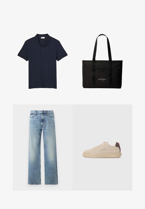 Polo bleu marine à manches courtes avec col et trois boutons, avec un logo discret "cK" sur le côté gauche de la poitrine.; Jean droit en denim bleu clair avec taille haute, cinq poches, fermeture à boutons et léger délavage sur les cuisses et les genoux.; Baskets en daim beige avec un bout rond, lacets à l'avant et un accent en daim marron sur le talon. Dotées d'une semelle en caoutchouc texturé.; Sac cabas noir Calvin Klein avec deux longues poignées et une poche avant, avec le logo de la marque en blanc et gris.