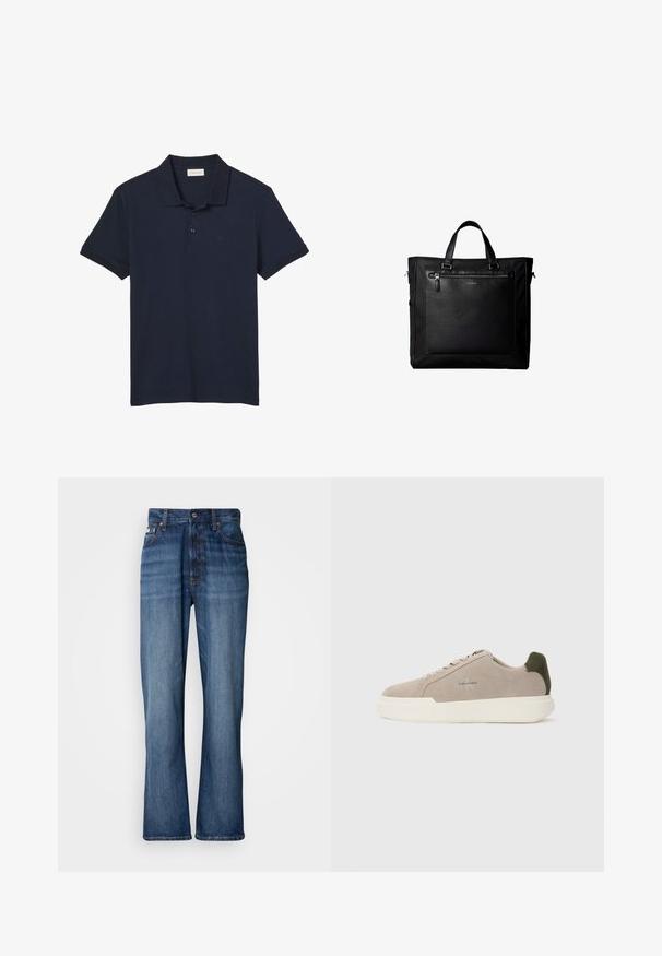 Marineblaues Poloshirt mit kurzen Ärmeln, Kragen und drei Knöpfen, mit dezentem "cK" Logo auf der linken Brust.; Blaue Jeans aus Denim mit hoher Taille, ausgestellten Beinen, Fünf-Pocket-Design und tonalem Nähen. Mit Knopfverschluss und genieteten Taschen.; Beige Wildledersneaker mit einer weißen Gummisohle, die einen dunkelgrünen Akzent an der Ferse und dezente Markenaufschrift an der Seite aufweisen.; Schwarze Tragetasche mit Doppelgriffen, großer vorderer Ledertasche mit Reißverschluss und dezentem Calvin Klein-Logo in der Mitte der Tasche.