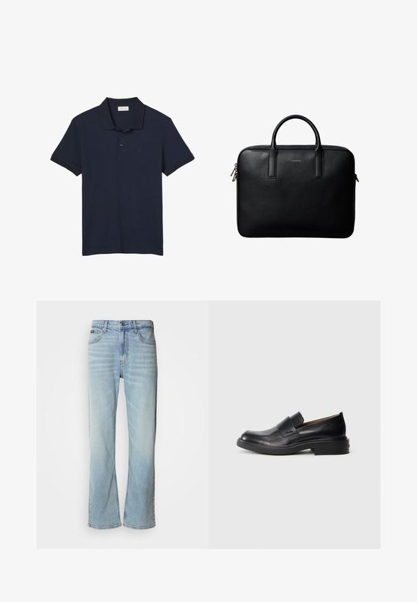 Polo bleu marine à manches courtes avec col et trois boutons, avec un logo discret "cK" sur le côté gauche de la poitrine.; Jeans en denim bleu clair avec une coupe droite, dotés de cinq poches, d'une fermeture à bouton et d'une légère décoloration sur le tissu.; Chaussure habillée noire en cuir, à enfiler, avec un petit talon et un logo Calvin Klein discret sur le côté, présentée de profil sur un fond blanc.; Mallette en cuir noir texturé avec double poignées et tirettes de fermeture éclair argentées, centrée sur fond blanc.