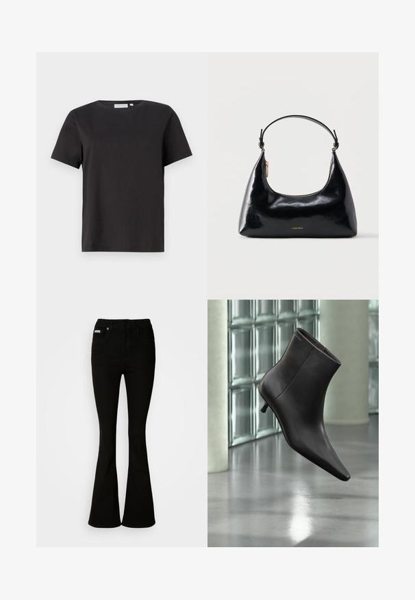 T-shirt en coton noir à manches courtes, avec un col rond et un design simple et épuré. Pas de motifs ou d'ornements visibles.; Jean évasé noir avec une taille ajustée, fabriqué en denim doux. Il dispose de deux poches avant et d'une fermeture classique à bouton et zip.; Bottine en cuir noir avec bout pointu et petit talon, présentée devant un mur en blocs de verre et un sol poli.; Sac à main Calvin Klein noir brillant avec fermeture éclair dorée et anse courte sur fond blanc uni.