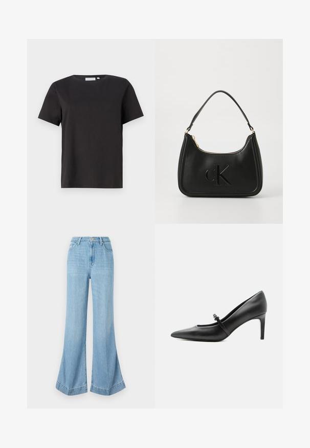 T-shirt en coton noir à manches courtes, avec un col rond et un design simple et épuré. Pas de motifs ou d'ornements visibles.; Jeans en denim bleu clair à jambe large, taille haute avec une fermeture à boutons, présentant une finition soignée et un ourlet évasé avec des fentes sur les côtés.; Escarpin noir en cuir à bout pointu avec une fine bride et une boucle sur le cou-de-pied, posé sur un fond clair neutre.; Sac à main en cuir noir avec une forme courbée, doté d'une fermeture éclair dorée et d'un logo "cK" discret en relief. Texture lisse et une seule poignée.