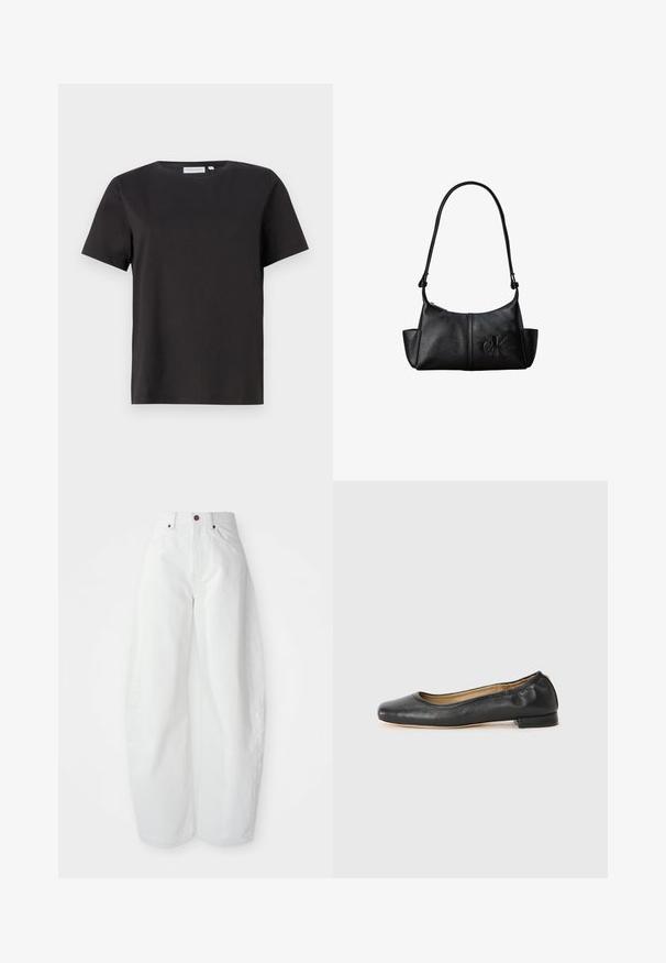 T-shirt en coton noir à manches courtes, avec un col rond et un design simple et épuré. Pas de motifs ou d'ornements visibles.; Pantalons en denim blancs taille haute avec une coupe ample. Dotés d'une fermeture à bouton, de poches latérales et d'un design minimaliste. Texture lisse.; Ballerines en cuir noir avec un bout arrondi et des coutures minimales. Talon bas et rectangulaire avec une texture lisse. Détails subtils de doublure intérieure.; Sac à bandoulière en cuir noir avec une longue sangle, des poches latérales et le logo Calvin Klein embossé sur le devant.