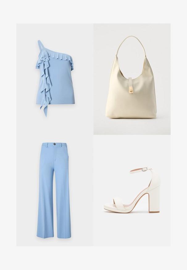 Haut asymétrique bleu clair avec finition à volants le long de l'encolure et volants en cascade sur un côté.; Pantalon large bleu clair en tissu lisse, équipé d'une fermeture à bouton et de poches avant. Design épuré et ajusté sans motifs.; Sandale à talon haut blanche avec une bride de cheville, design minimaliste, bout ouvert, talon carré et texture en cuir lisse.; Sac hobo en cuir couleur crème avec une seule bandoulière, texture lisse et un détail de fermoir doré à l'avant.