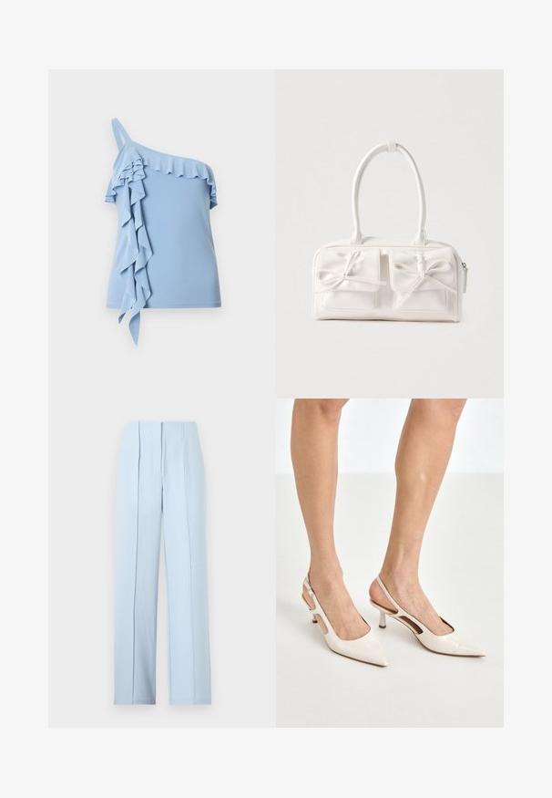 Haut asymétrique bleu clair avec finition à volants le long de l'encolure et volants en cascade sur un côté.; Pantalon large taille haute bleu clair avec plis devant et fermeture à glissière cachée sur un fond uni.; Escarpins à talon slingback en cuir verni beige avec un bout pointu et un talon de 5 cm, présentant des côtés découpés et une fine bride à la cheville.; Sac à main synthétique blanc avec deux poches avant, chacune ornée d'un nœud noué. Texture lisse, anses arrondies et fermeture zippée.