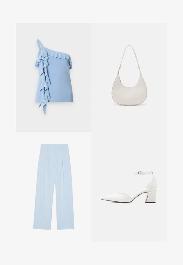 Haut asymétrique bleu clair avec finition à volants le long de l'encolure et volants en cascade sur un côté.; Pantalons larges bleu clair avec deux plis frontaux, deux boutons à la taille et une texture de tissu lisse.; Chaussure blanche à bout pointu, talon moyen, bride à la cheville avec boucle, finition lisse, et talon bloc sur un fond clair uni.; Sac épaule en cuir crème en forme de croissant, avec une fine sangle et des détails de coutures subtils. Design minimaliste avec des accents en métal doré.