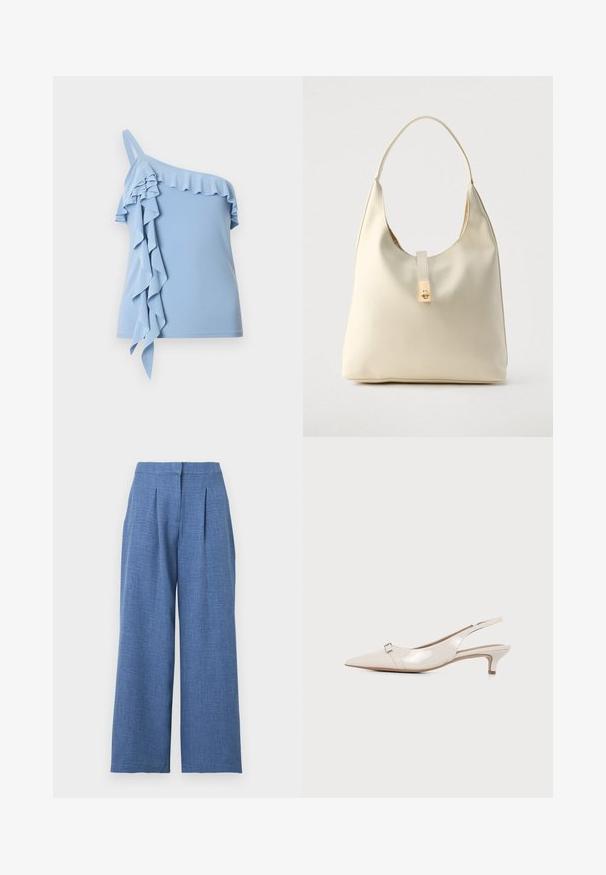 Haut asymétrique bleu clair avec finition à volants le long de l'encolure et volants en cascade sur un côté.; Pantalon large taille haute bleu clair avec plis devant et fermeture de ceinture dissimulée.; Escarpin beige en cuir verni à bride arrière, talon kitten, bout pointu et petite bride à boucle sur le devant.; Sac hobo en cuir couleur crème avec une seule bandoulière, texture lisse et un détail de fermoir doré à l'avant.